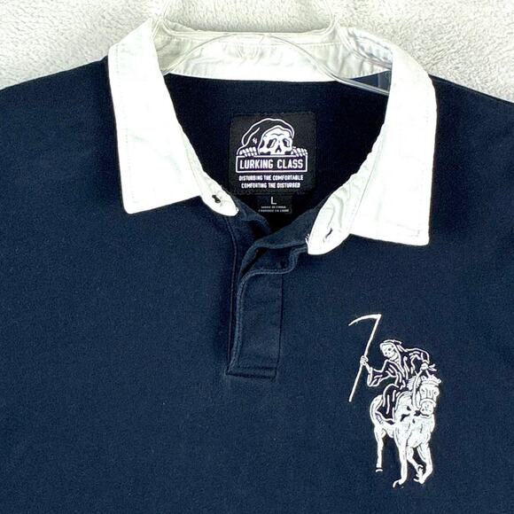 Lurking Class Rugby Polo Shirt Mens L Black Preppy Embroidered Grim Reaper Goth - Picture 4 of 8